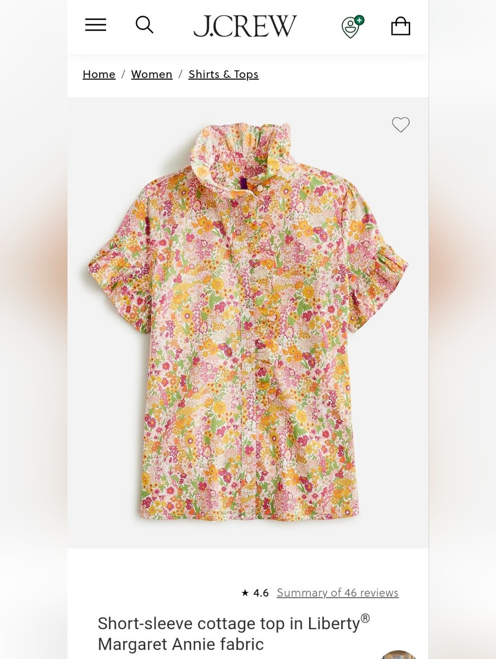 Short-sleeve cottage top in Liberty® Margaret Annie fabric. 19ptp ($218)